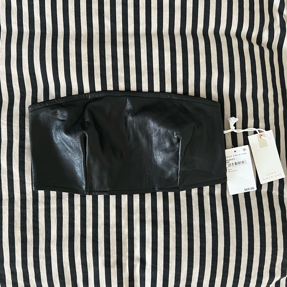 NWT! Good American Black Faux Leather Bandeau Top Womens Small/Size 1